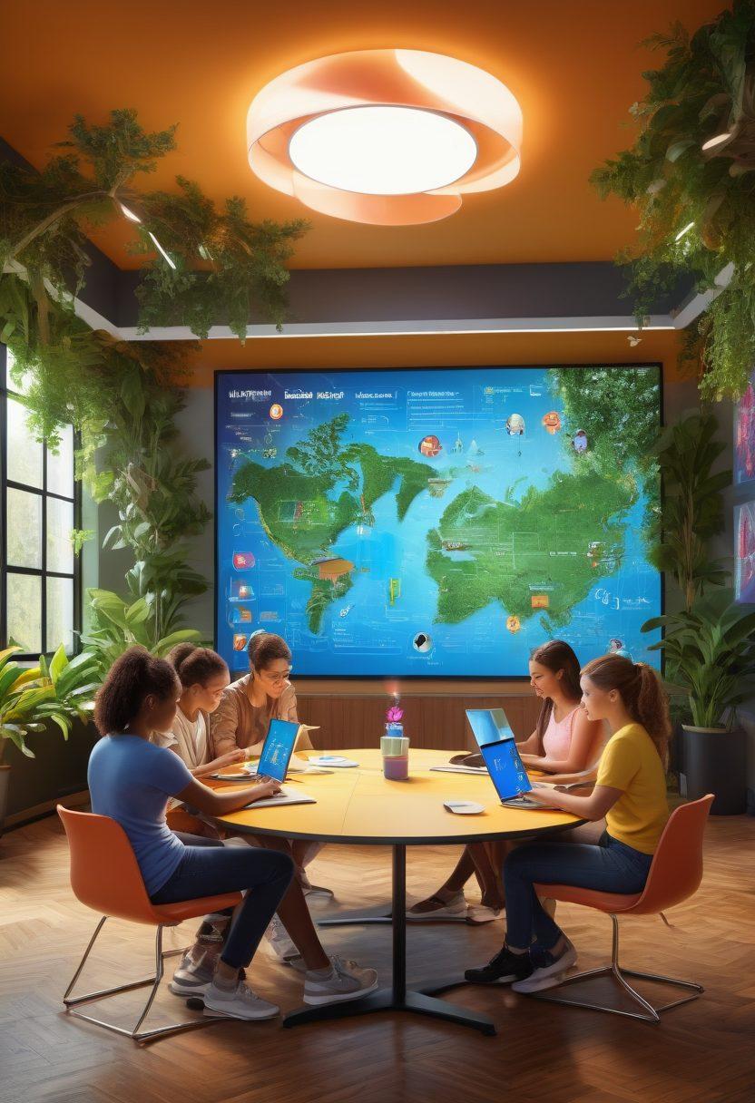 A diverse group of individuals engaged in an interactive digital classroom, surrounded by colorful educational symbols related to sexual health, such as books, computer screens, and lightbulbs. The background features a vibrant blend of technology and nature, symbolizing a global learning environment. Include elements of digital devices like tablets and laptops showcasing educational content. super-realistic. vibrant colors. 3D.