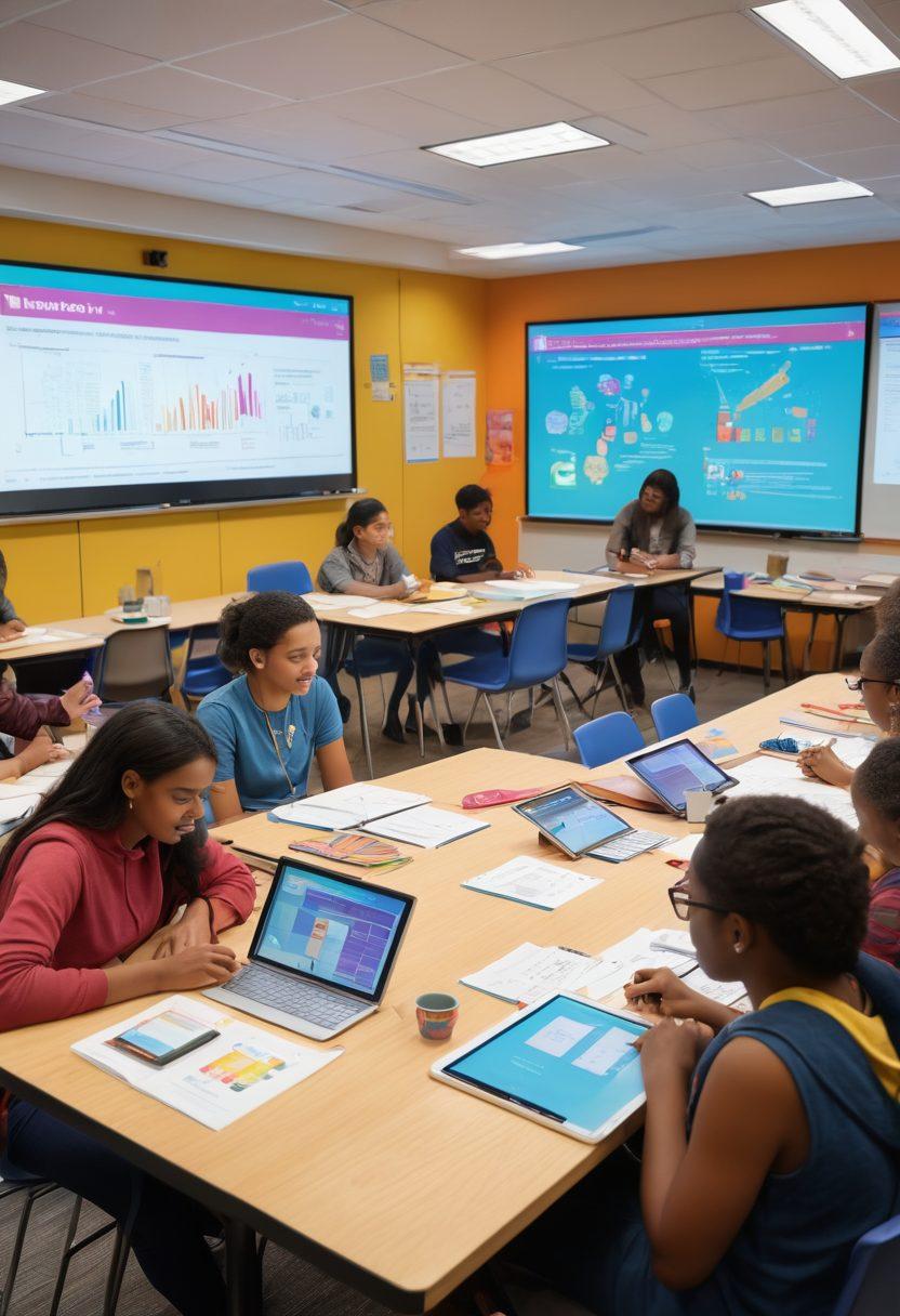 A vibrant and engaging classroom setting with diverse learners participating in an interactive course on sexual literacy. The scene includes a large digital screen displaying informative graphics and infographics, while students collaborate around tables filled with colorful materials and devices. Emphasize the atmosphere of empowerment and inclusivity. super-realistic. vibrant colors. 3D.